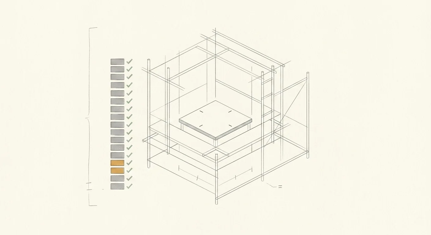 Abstract art of a measurement scaffold around an empty stage, with a ledger of gray result tiles each checked by a green mark