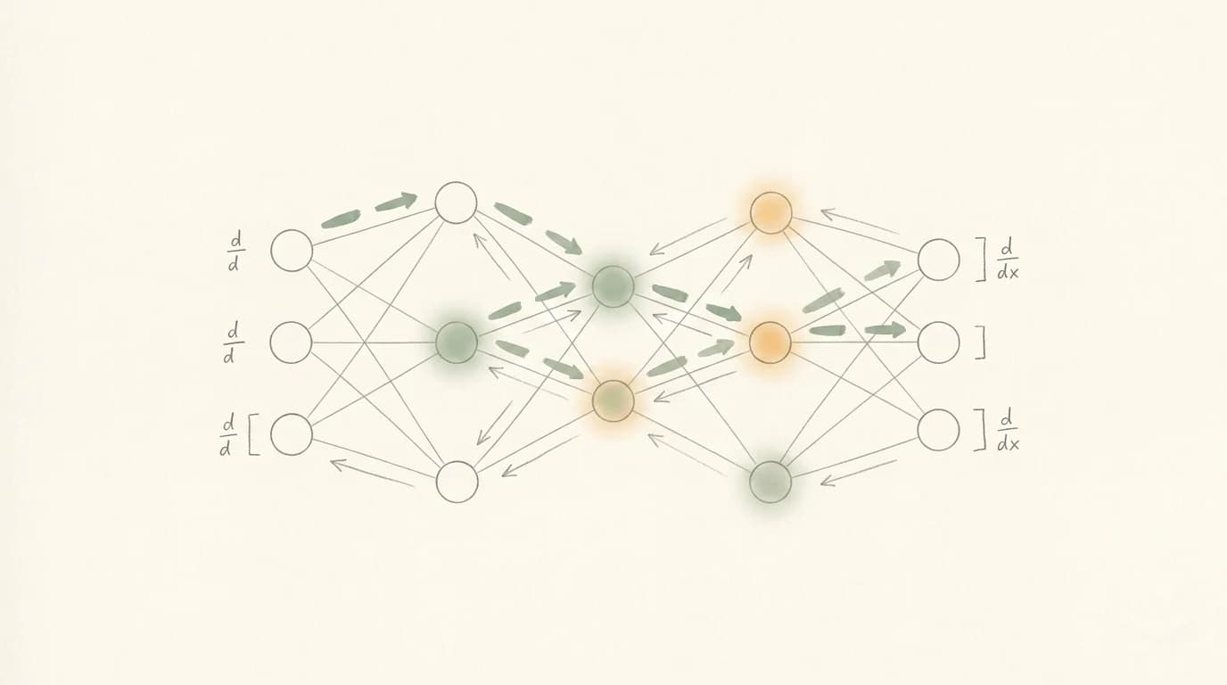Abstract art of a small neural network graph with a forward green flow and a backward graphite gradient flow through the same connections