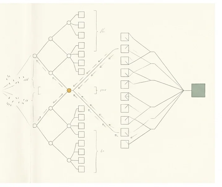 Abstract art of source text resolving into a branching tree then collapsing to a single green result, with a faint backward gradient flow