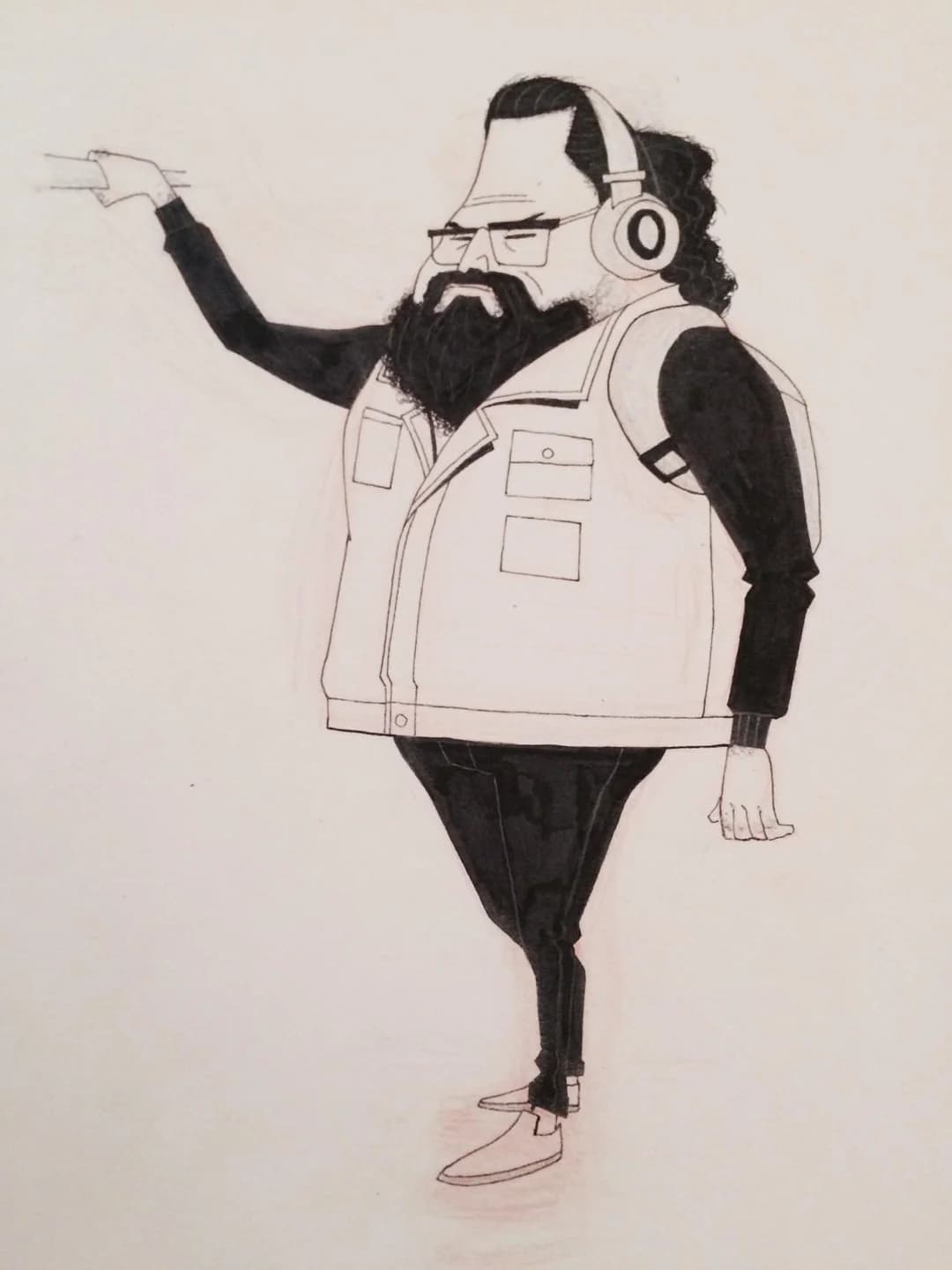 Ink and watercolour drawing of a bearded man in headphones and a light vest, one arm flung out as he steadies himself
