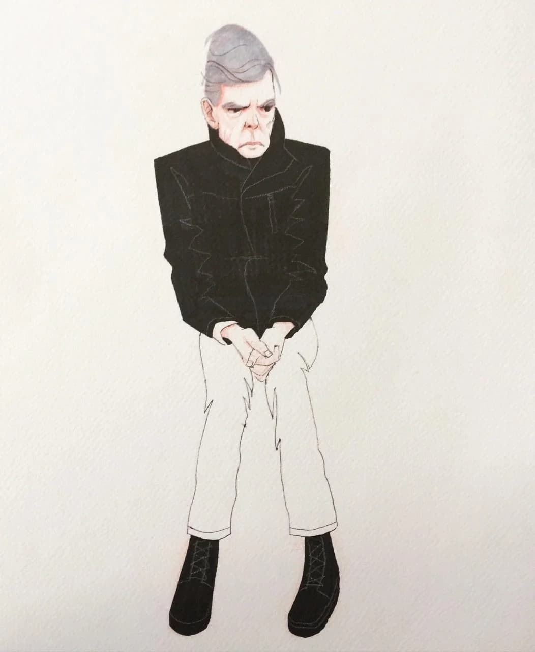 Ink and watercolour drawing of an older grey-haired man in a black jacket and pale trousers, hands clasped in front of him