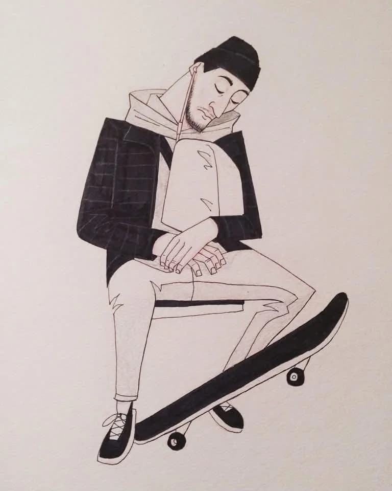 Ink drawing of a young man in a beanie dozing off, seated with a skateboard tipped under his feet