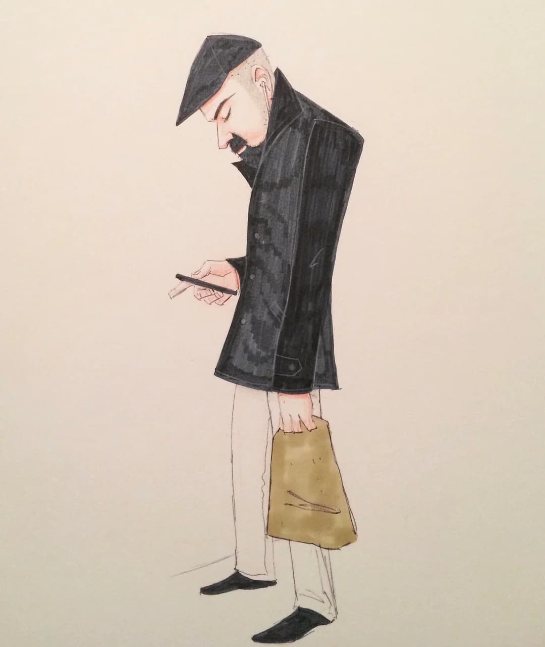 Ink and watercolour drawing of a man in a flat cap and dark coat reading his phone, a tan shopping bag in one hand