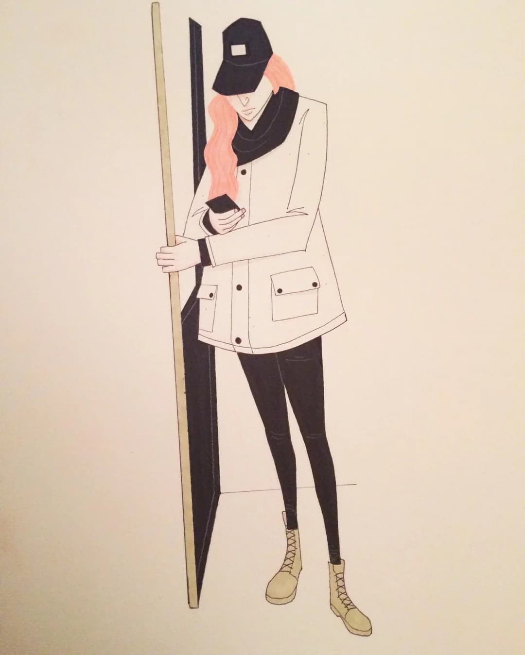 Ink and watercolour drawing of a woman with pink hair in a cap and white parka, holding a pole and looking at her phone
