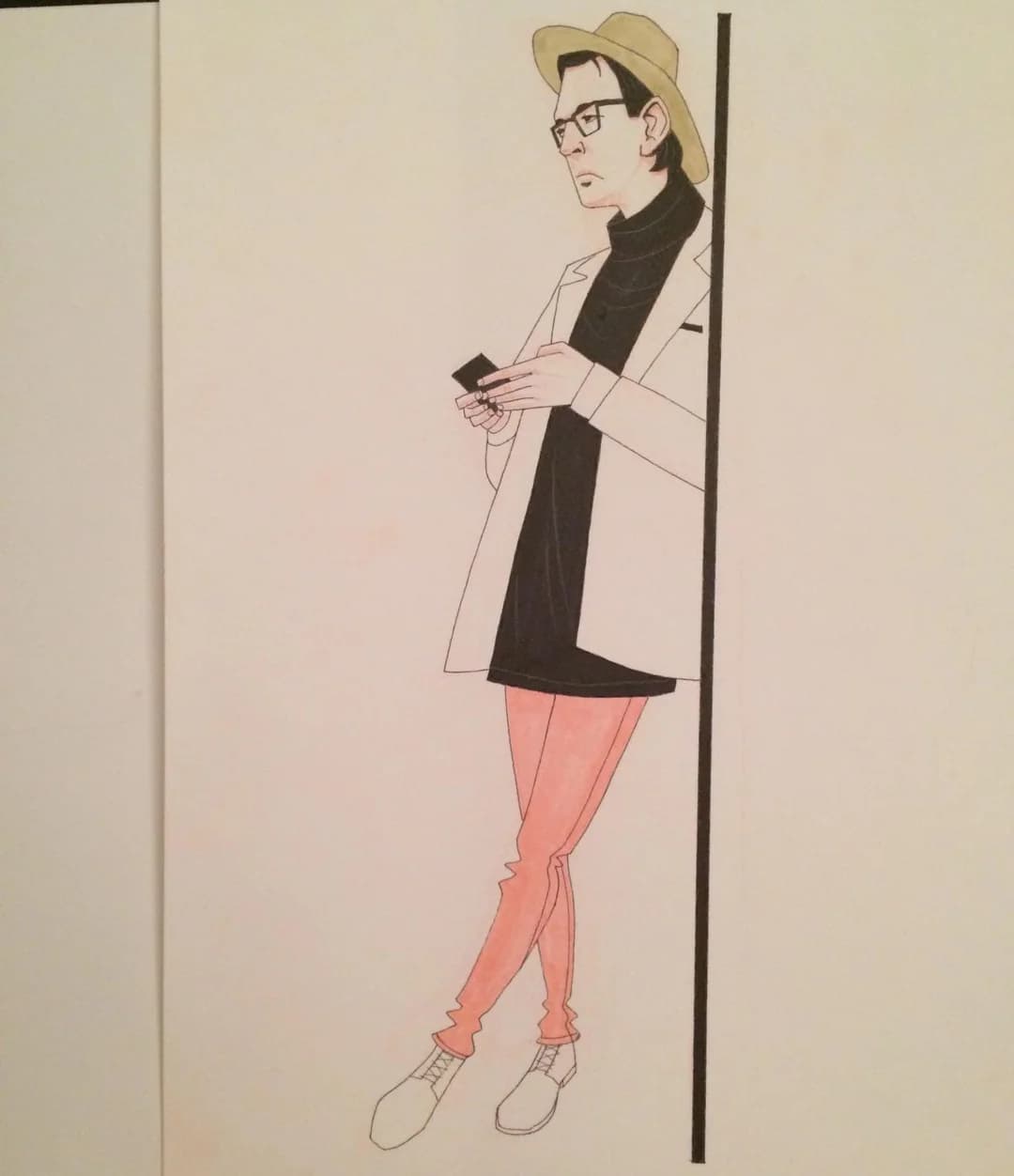 Ink and watercolour drawing of a man in a fedora and glasses with coral trousers, leaning against a pole with his phone