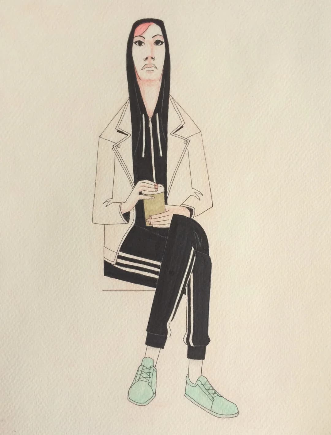 Ink and watercolour drawing of a woman with long dark hair in a cream jacket and track pants, holding a coffee cup