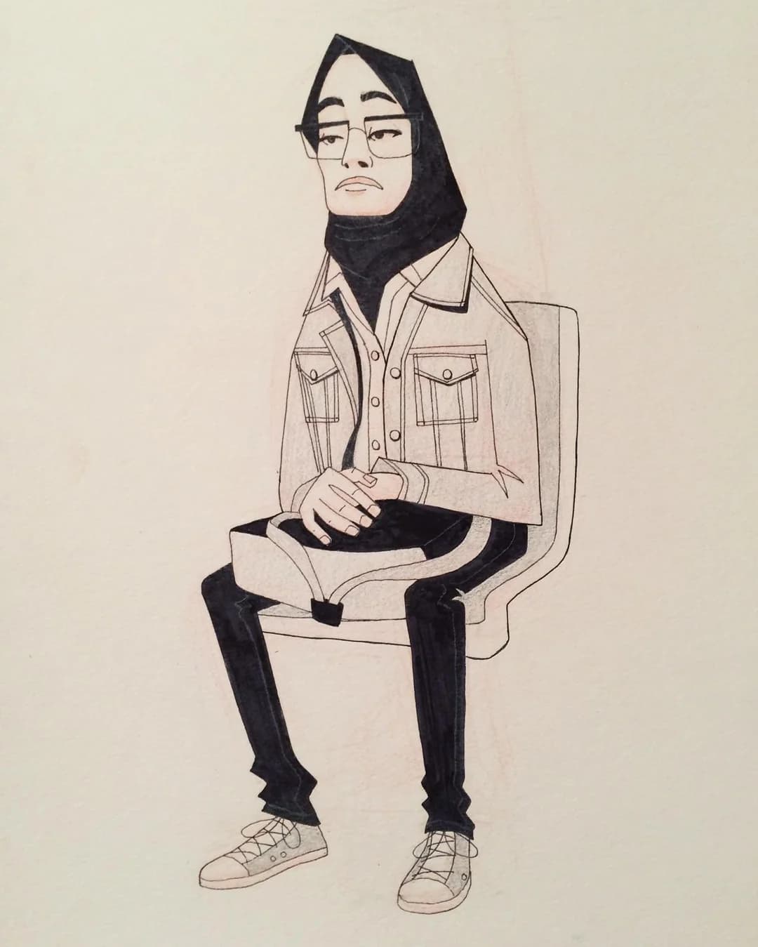 Ink and pencil drawing of a person in a hood and glasses and a denim jacket, seated with a bag on their lap