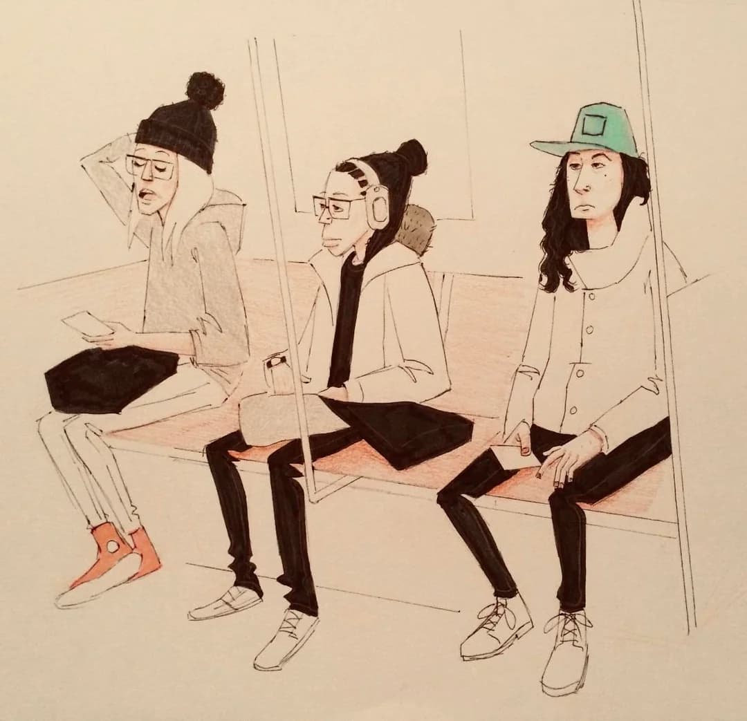 Ink and watercolour drawing of three riders side by side on a subway bench, each lost in their own world