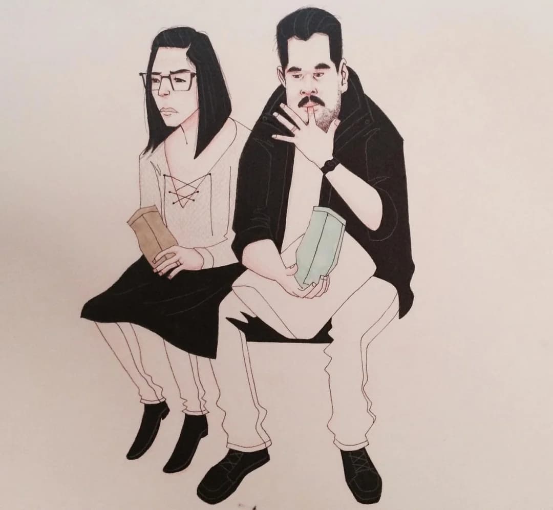 Ink and watercolour drawing of a couple seated close together, each holding a paper takeout bag