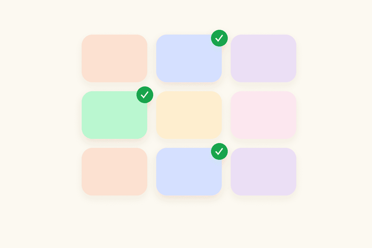 Illustration of a pastel grid of program tiles, three marked with green checks