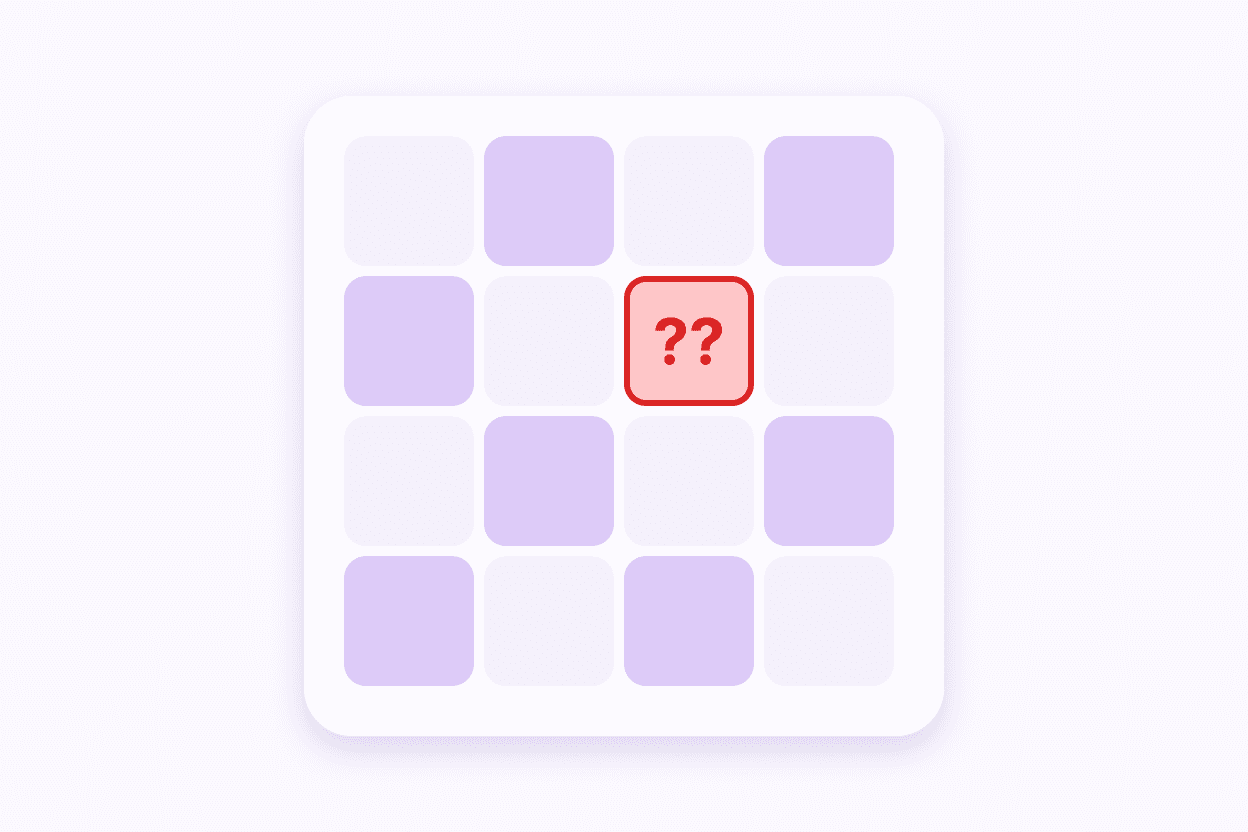 Illustration of a pastel chessboard with one square highlighted red and marked with double question marks