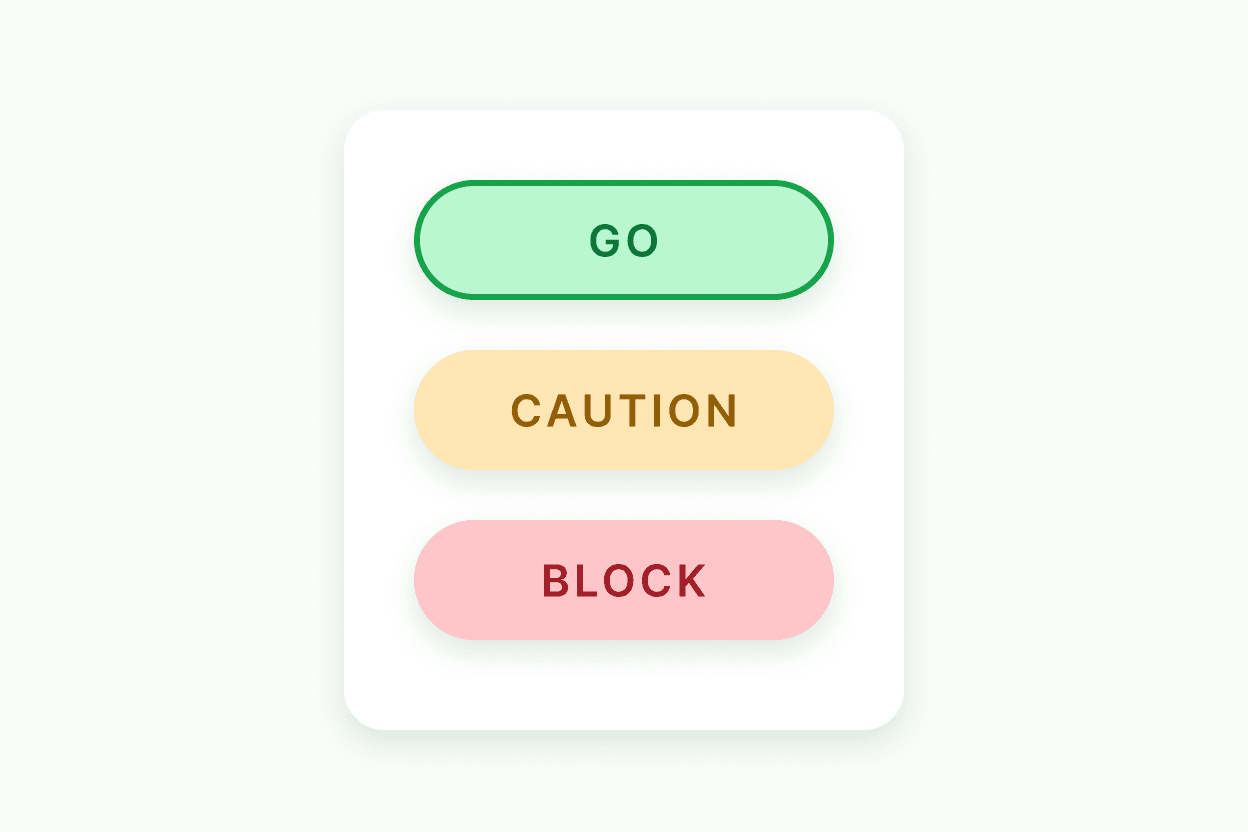 Illustration of GO, CAUTION, and BLOCK pastel pills on a journal card, GO ringed in green