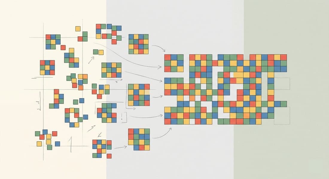 Abstract art of scattered colored pixel grids resolving left to right into one ordered pattern, with hand-drawn arrows and sketch lines