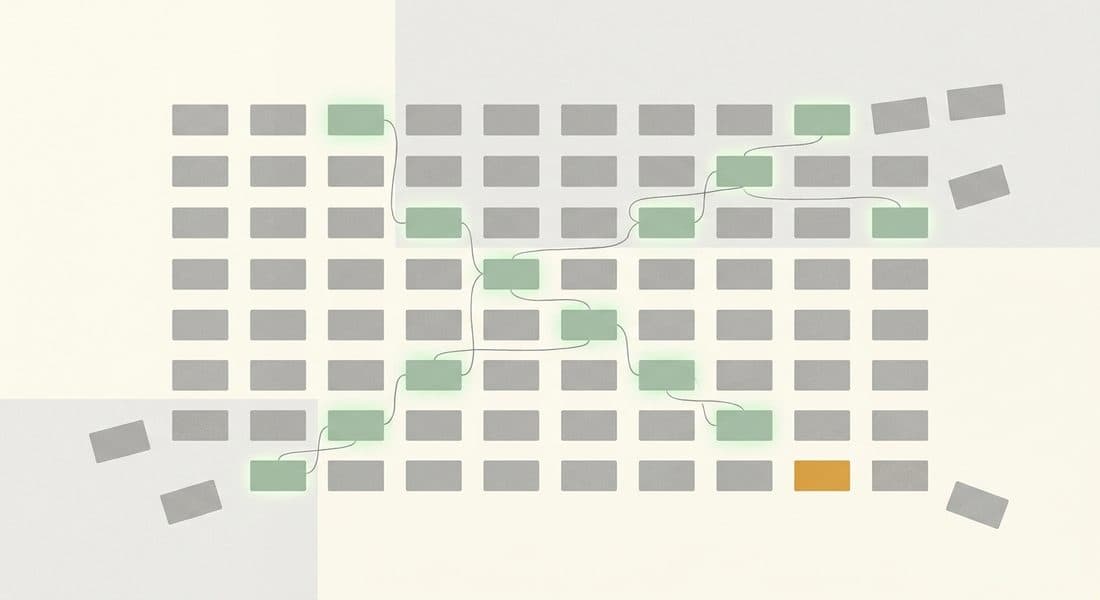 Abstract art of a grid of gray rectangles with a winding path of green ones connected by thin lines, and a single amber rectangle