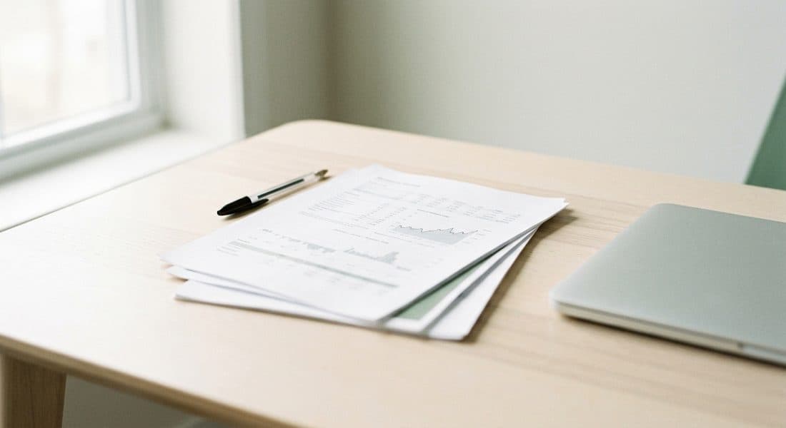 Printed pitch pages with charts on a desk beside a closed laptop in soft window light