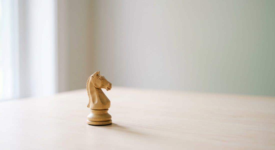 A single wooden knight chess piece on a pale desk in soft window light