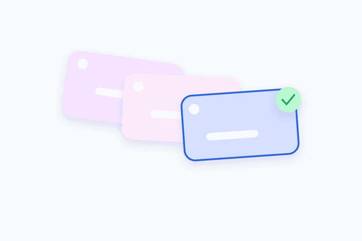Illustration of three pastel price tags fanned out, the cheapest one ringed in blue with a green check