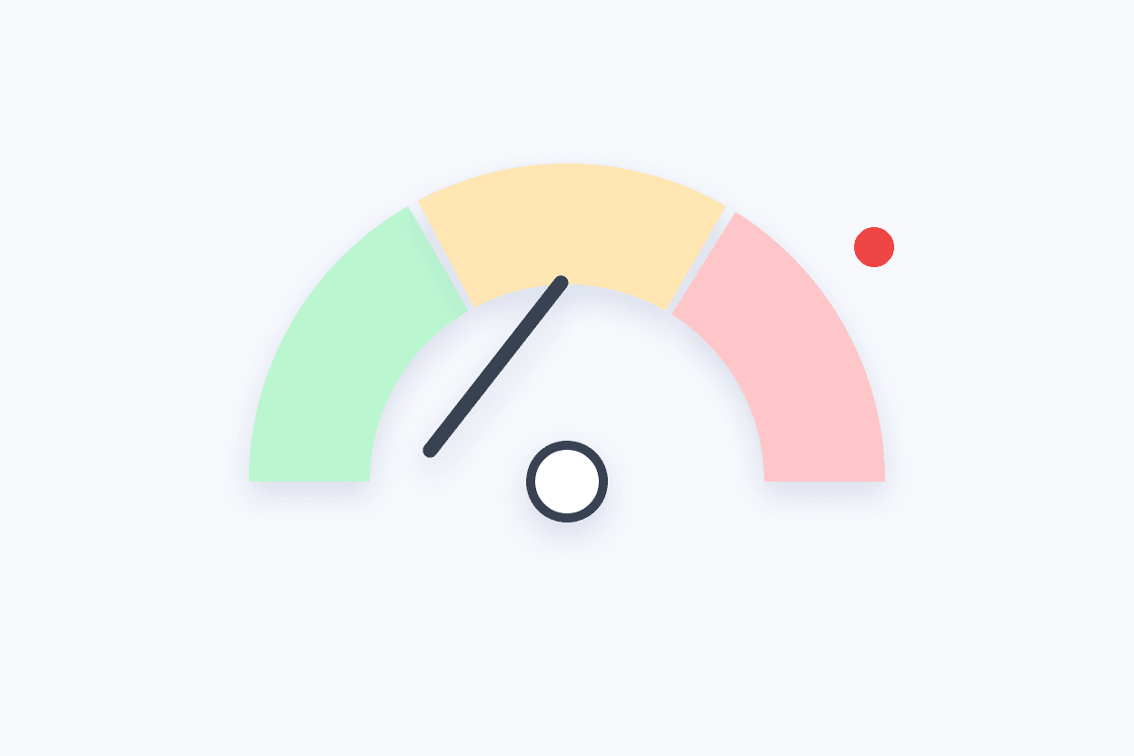 Illustration of a pastel gauge from cool green to molten rose, needle leaning hot